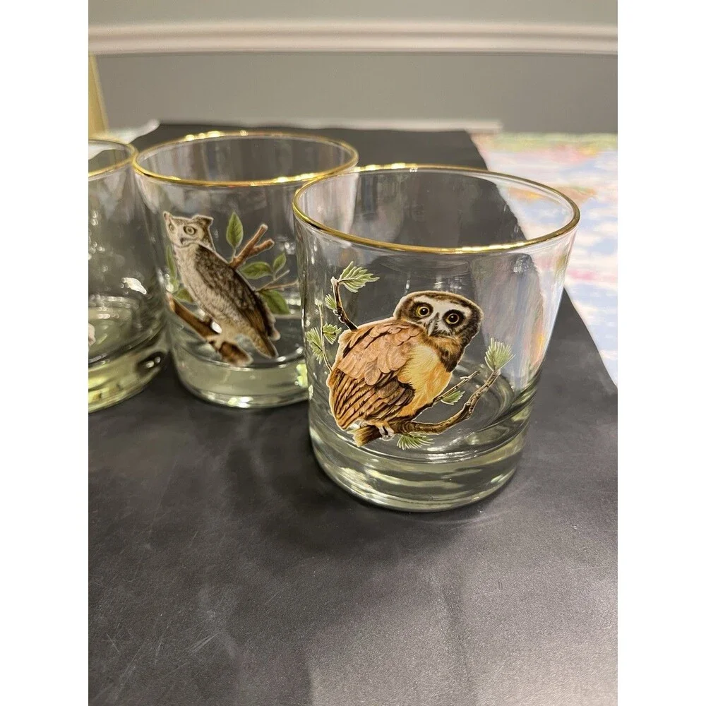 4pc MCM Owl on Branch Gold Rim Tumbler Old Fashion Glasses